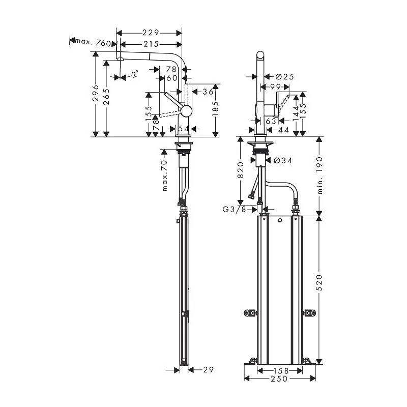 Габаритная схема Смеситель Hansgrohe Talis 72809000 для кухонной мойки
