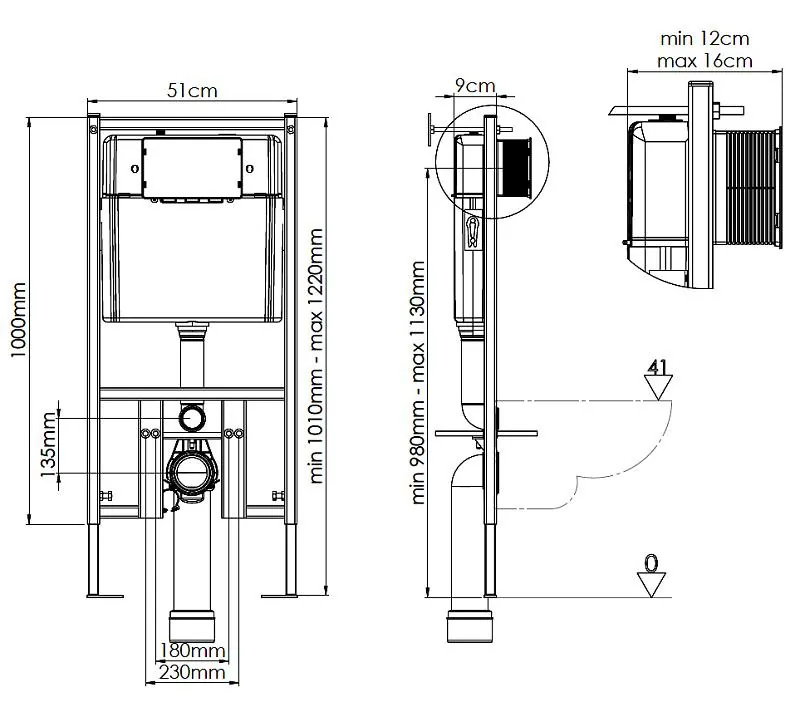 Габаритная схема Комплект Loranto Delphi 4501+91343 подвесной унитаз + инсталляция + сиденье