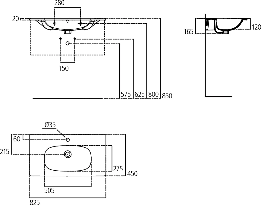 Габаритная схема Раковина Ideal Standard Tesi T350901 80 см