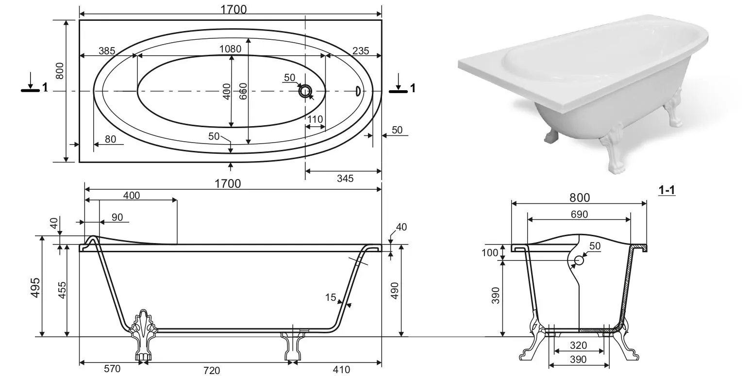 Габаритная схема Ванна из искусственного камня Эстет Венеция 170x80 L ФР-00001848