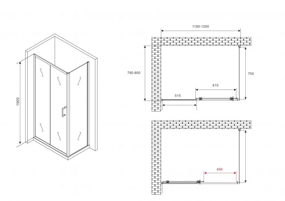 Габаритная схема Душевой уголок Abber Schwarzer Diamant AG301205-S805 120x80