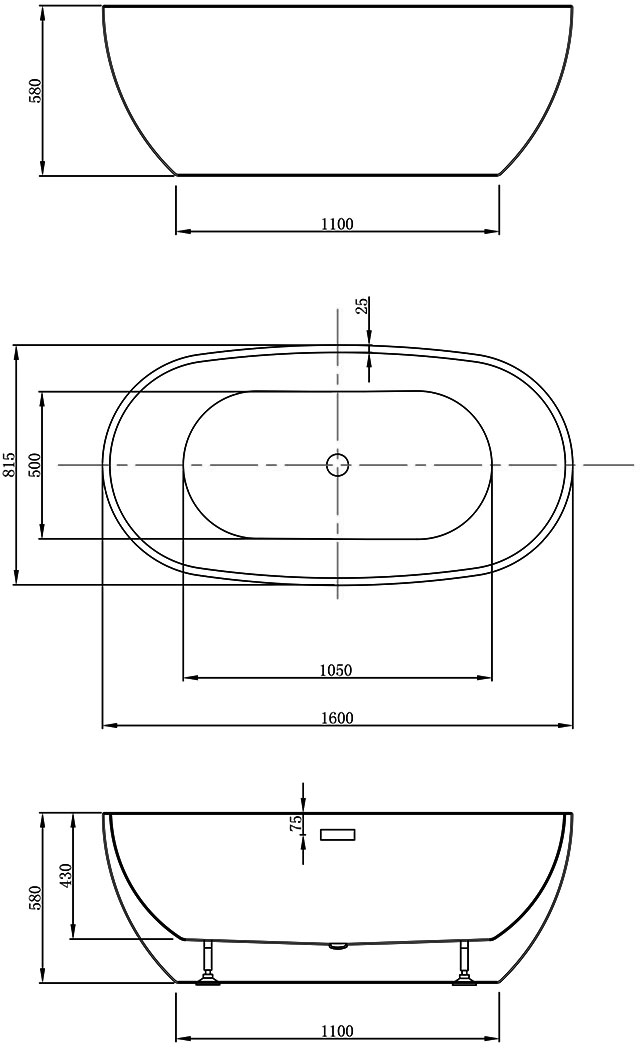 Габаритная схема Акриловая ванна Vincea VBT-408-1600 160x81,5