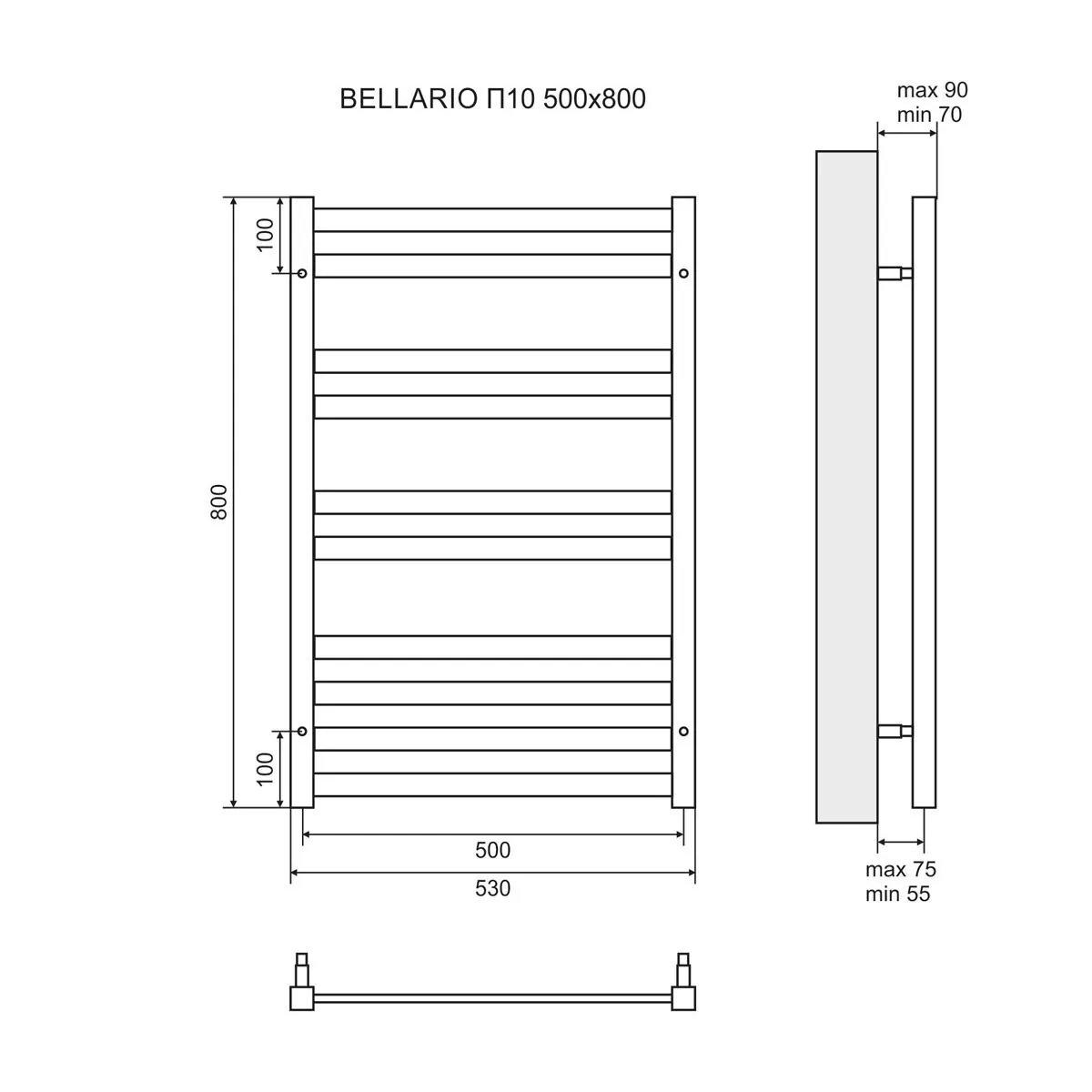Габаритная схема Полотенцесушитель водяной Lemark Bellario П10 50x80, хром