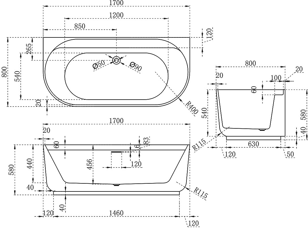 Габаритная схема Акриловая ванна Vincea VBT-621B 170x80
