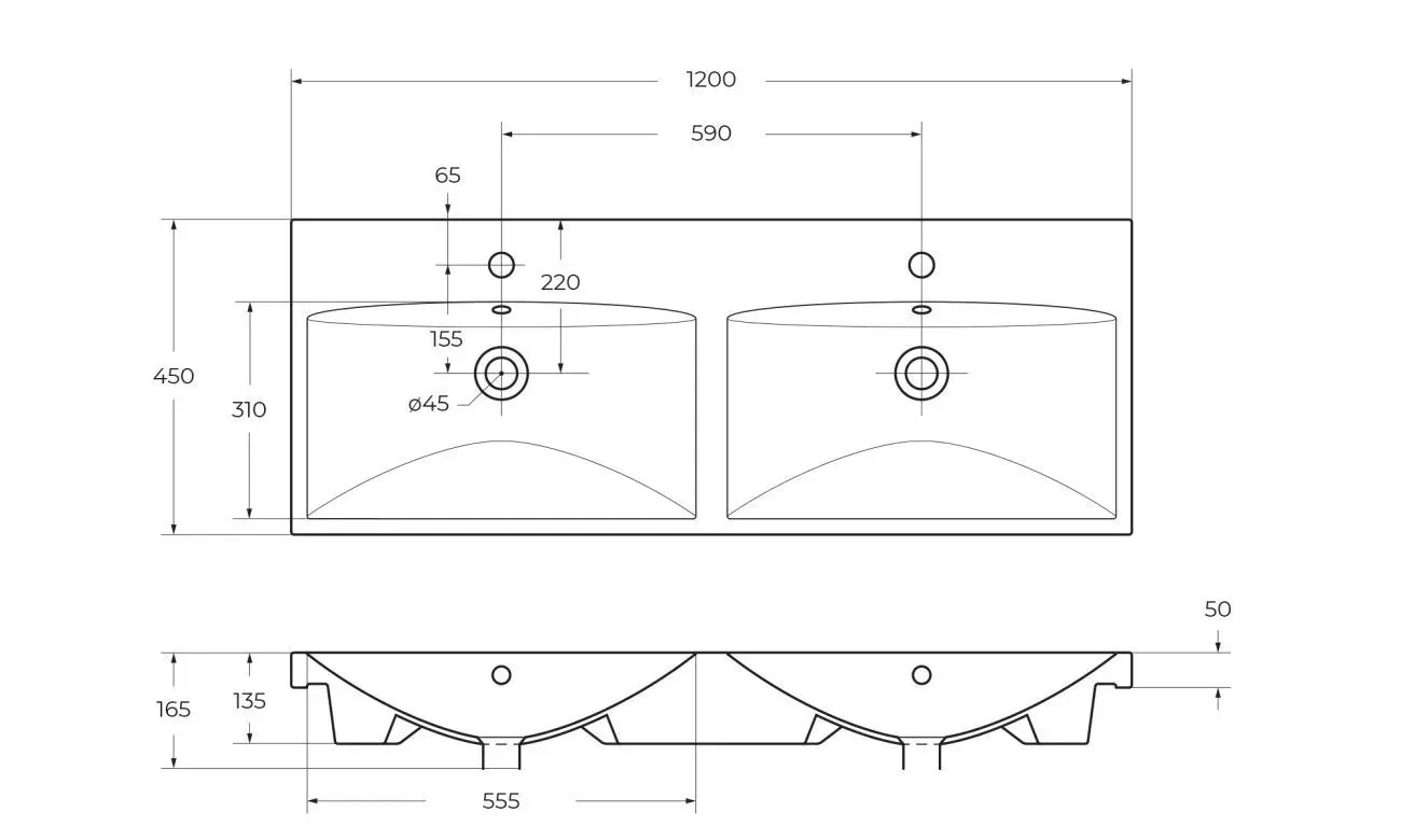 Габаритная схема Мебельная раковина BelBagno BB-0325-120-2-LVB 120 см