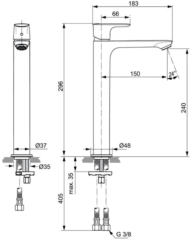Габаритная схема Смеситель Ideal Standard Connect AIR Vessel A7027AA для раковины
