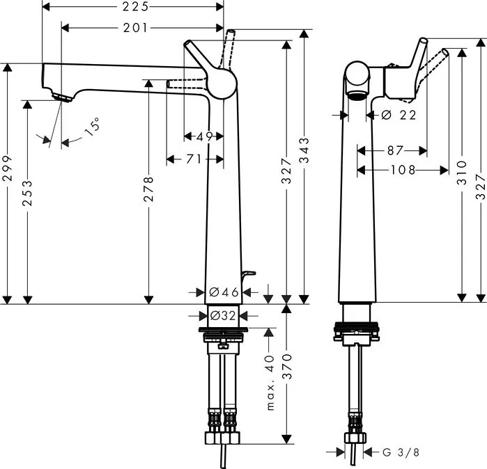 Габаритная схема Смеситель Hansgrohe Talis S 72115000 для раковины