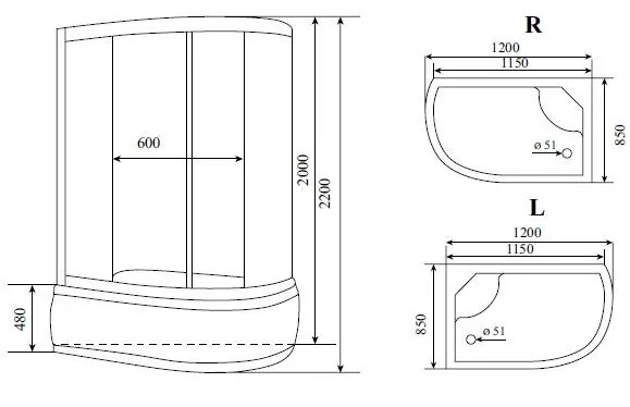 Габаритная схема Душевая кабина Timo Comfort T-8820F L