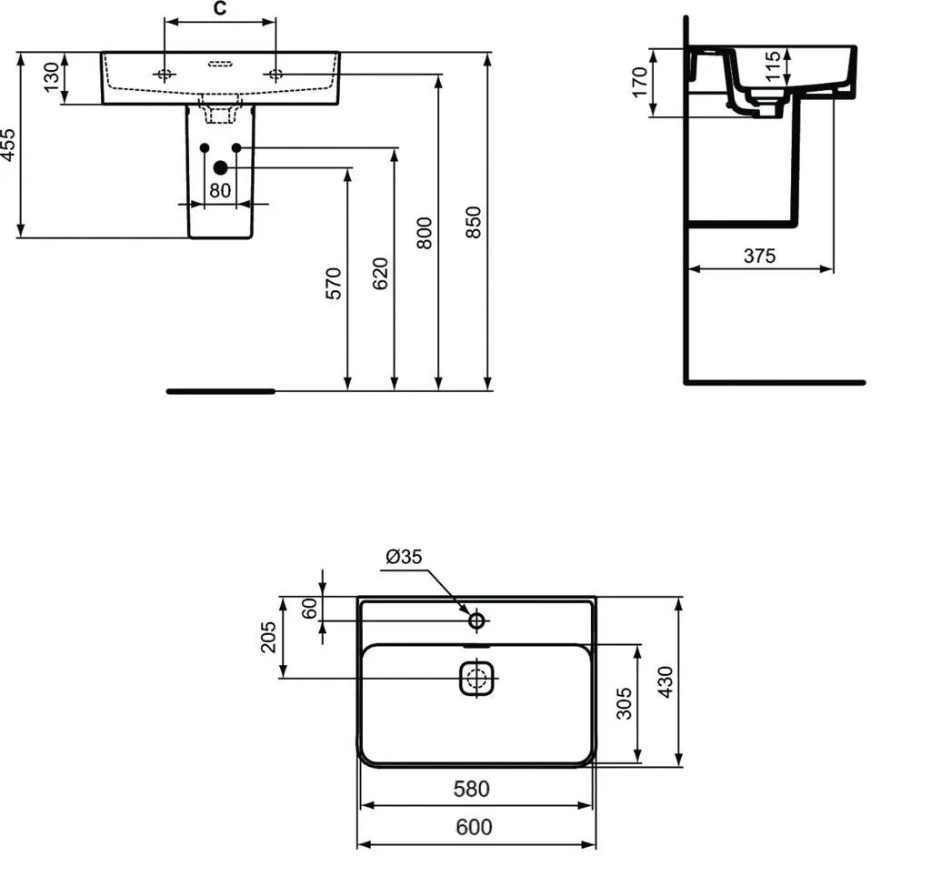 Габаритная схема Раковина Ideal Standard Strada II T300001 60 см