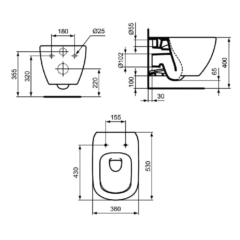 Габаритная схема Унитаз подвесной Ideal Standard Tesi T0079V1