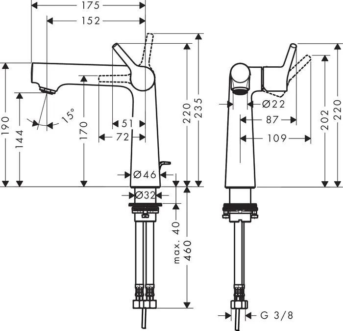 Габаритная схема Смеситель Hansgrohe Talis S 72113000 для раковины