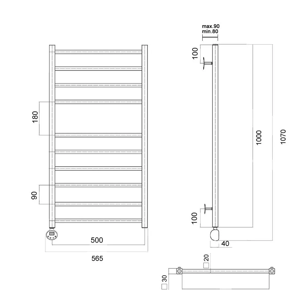 Габаритная схема Полотенцесушитель электрический Domoterm Квадро П10 50x100 L хром