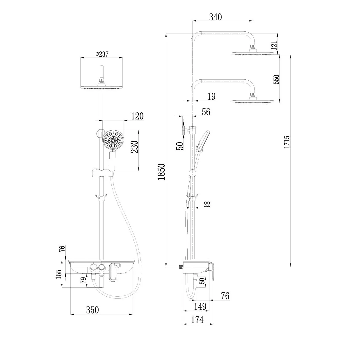 Габаритная схема Душевая стойка Lemark Tropic LM7012BL