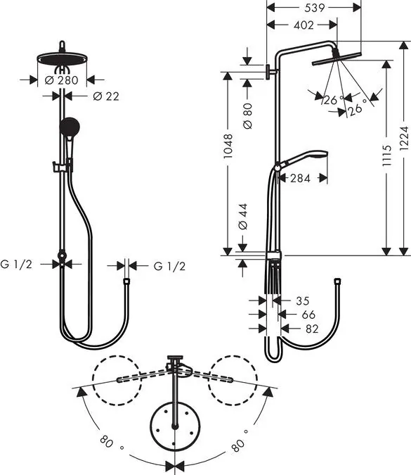 Габаритная схема Душевая стойка Hansgrohe Croma Select S 26793000