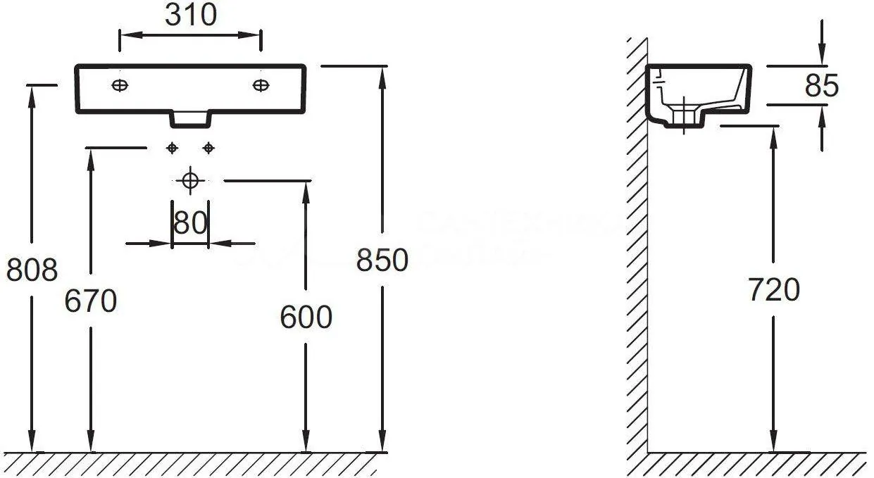 Габаритная схема Рукомойник Jacob Delafon Odeon Rive Gauche EGO112-56-00 R