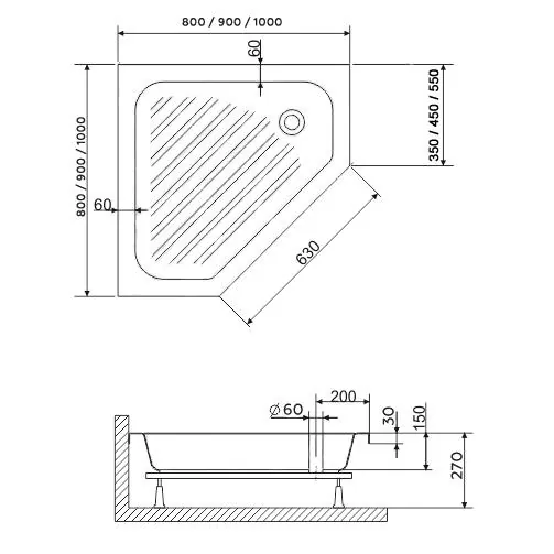 Габаритная схема Поддон для душа RGW Acryl BT/CL-S-A 80х80