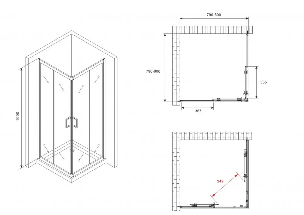Габаритная схема Душевой уголок Abber Schwarzer Diamant AG02080B5 80x80