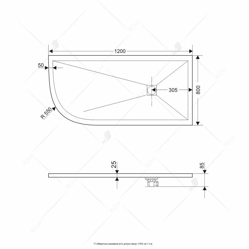 Габаритная схема Поддон для душа RGW Stone Tray ST/AR-G 120х80