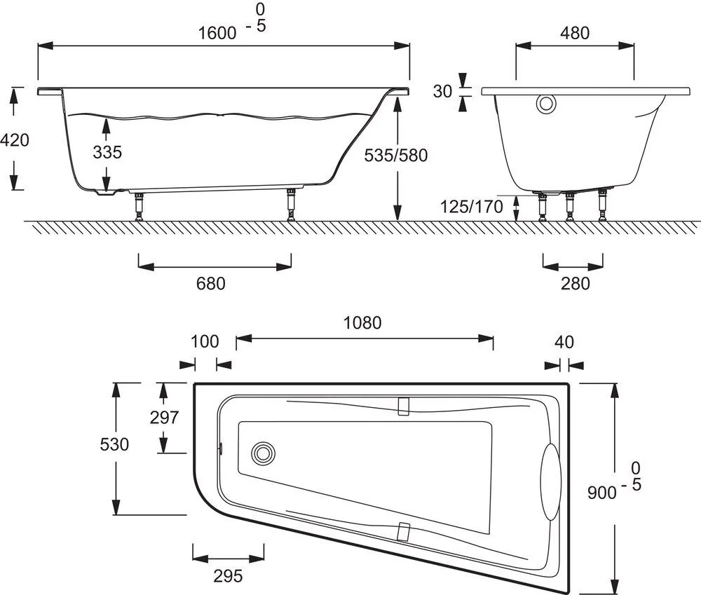 Габаритная схема Акриловая ванна Jacob Delafon Odeon Up 160x90 R