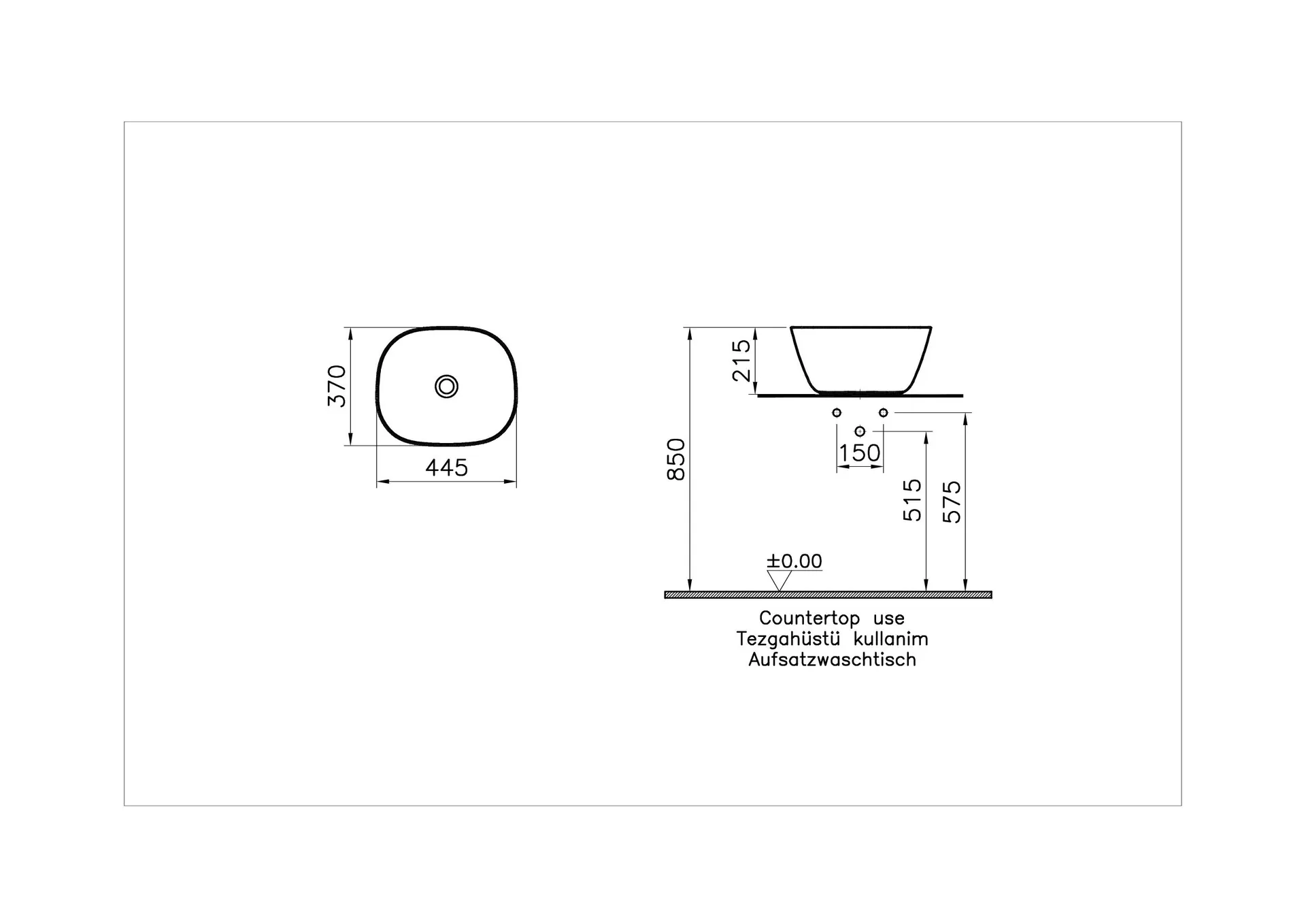 Габаритная схема Раковина Vitra Plural 7811B401-0016 45 см