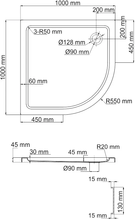 Габаритная схема Поддон для душа Wasserkraft Isen 26T23 100x100 см