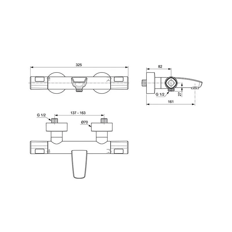 Габаритная схема Термостат Ideal Standard Ceratherm T100 A7238AA для ванны с душем