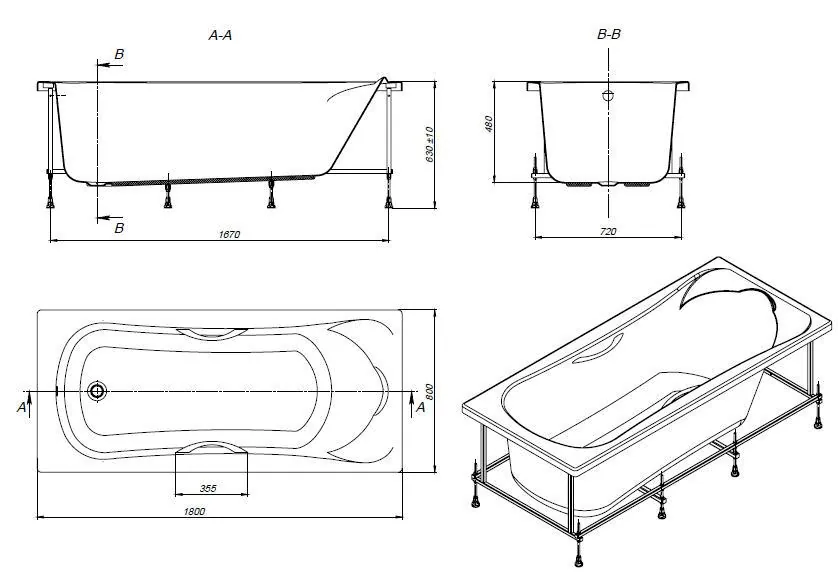Габаритная схема Акриловая ванна Roca BeCool 180x80