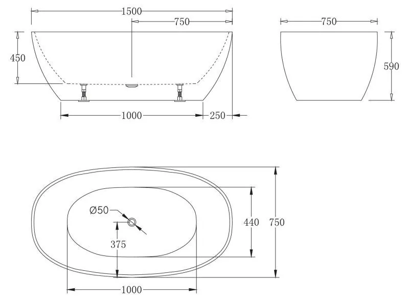 Габаритная схема Акриловая ванна BelBagno BB81-1500-W0 150х75