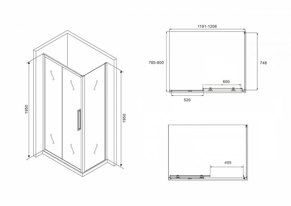 Габаритная схема Душевой уголок Abber Schwarzer Diamant AG30120BH-S80B 120x80
