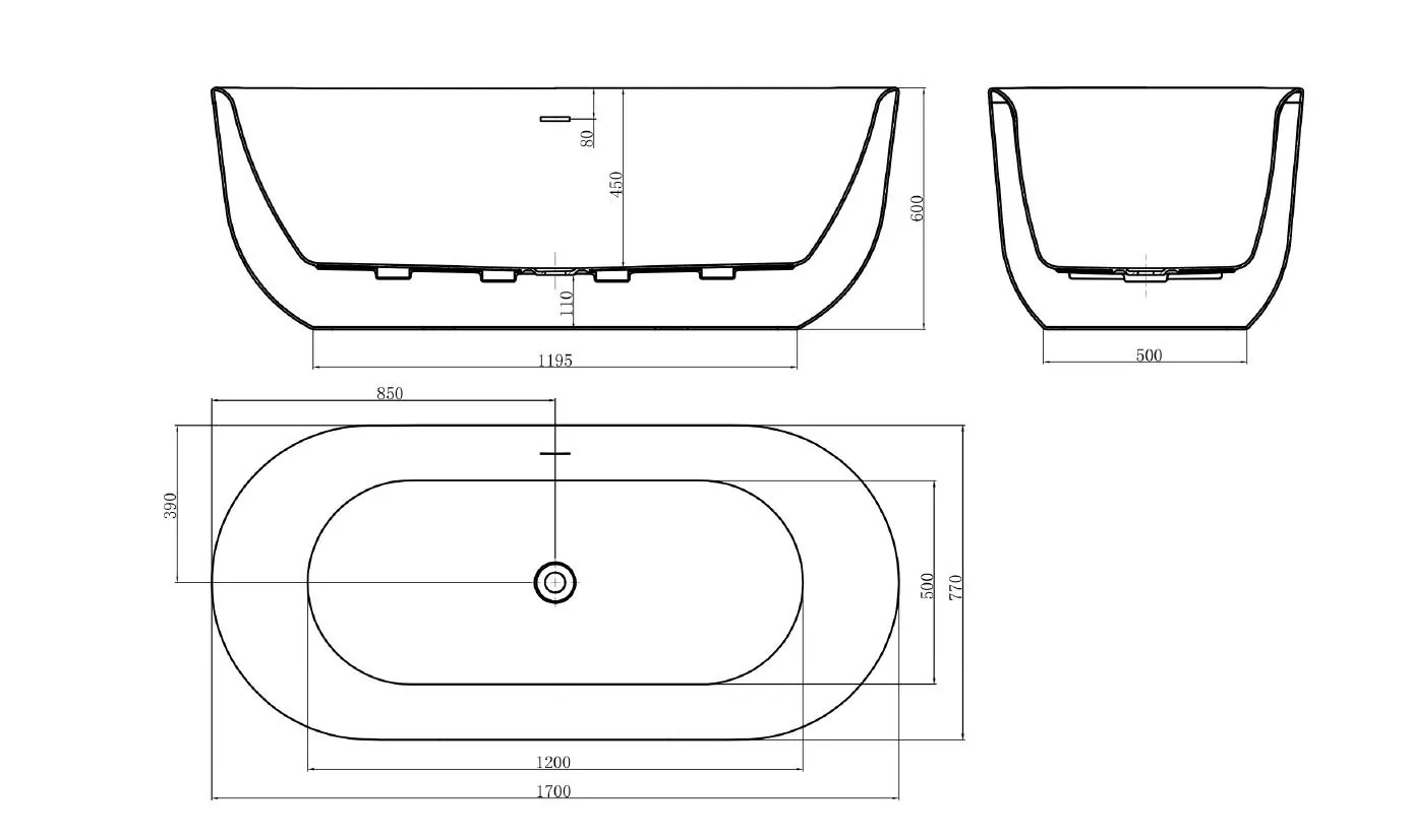 Габаритная схема Акриловая ванна BelBagno BB706-1700-770 170x75