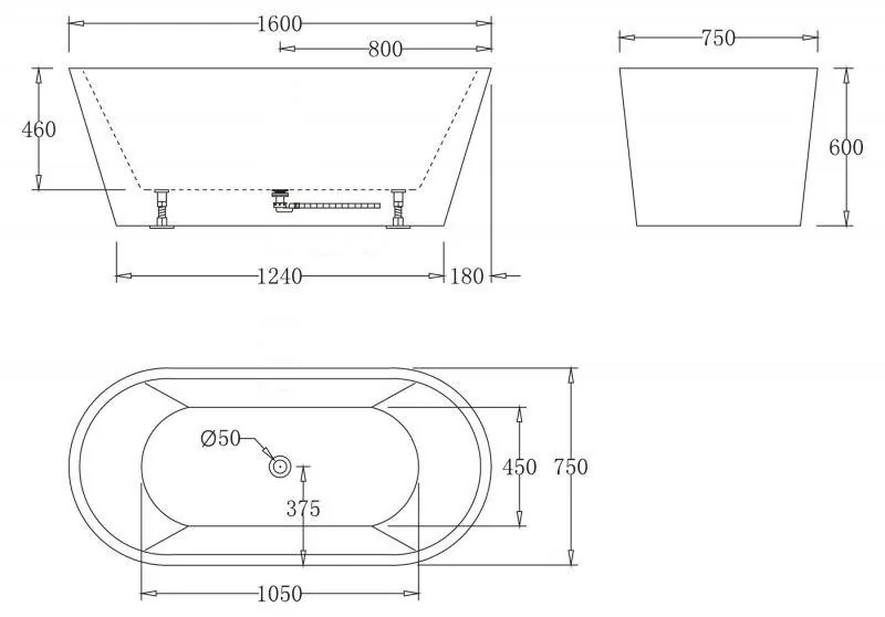Габаритная схема Акриловая ванна BelBagno BB71-1600-W0 160х75