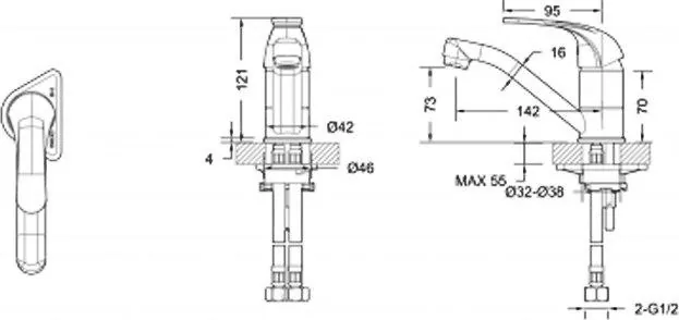 Габаритная схема Смеситель Bravat Fit F1233188CP-RUS для кухонной мойки