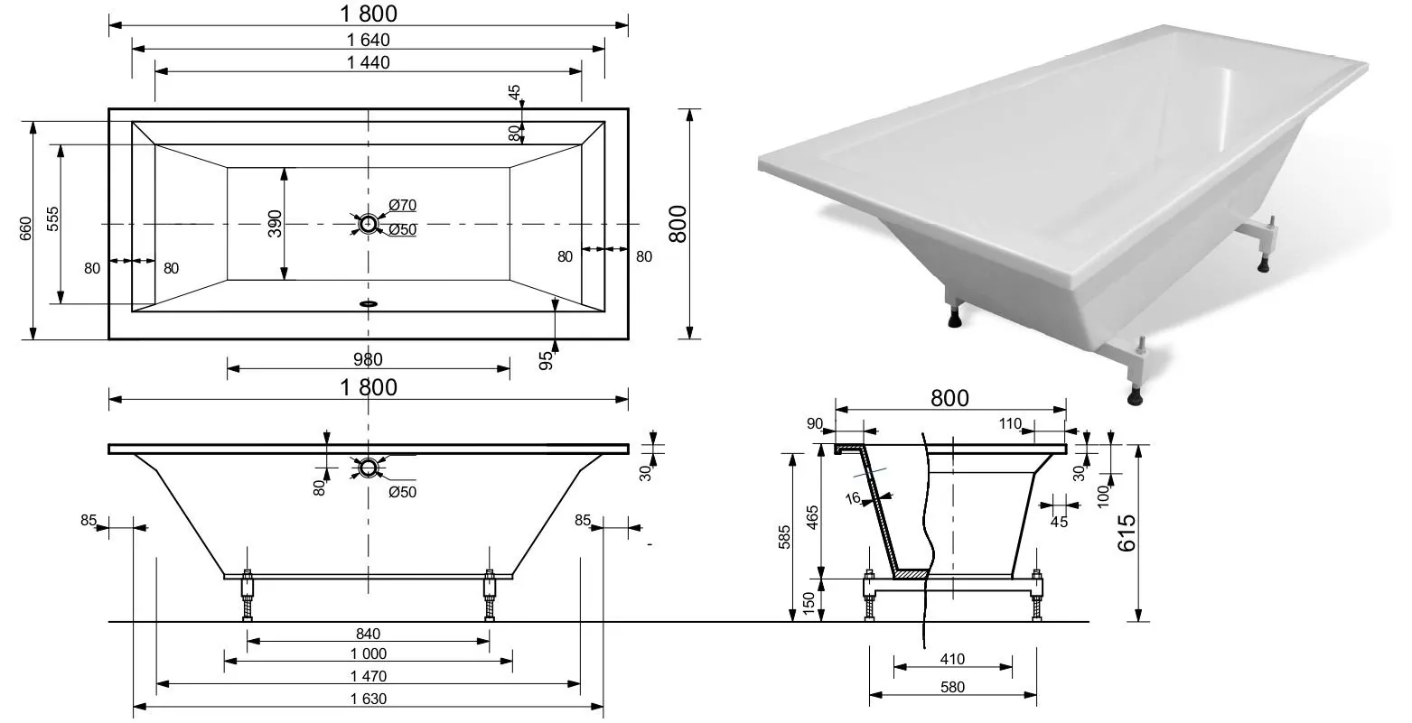 Габаритная схема Ванна из искусственного камня Эстет Стелла 180x80 ФР-00002809