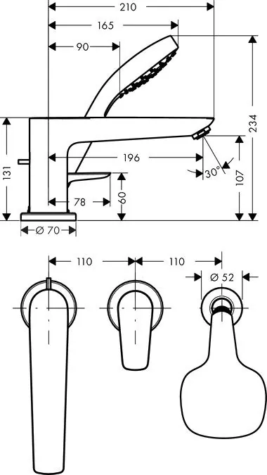 Габаритная схема Смеситель Hansgrohe Talis E 71731000 на борт ванны