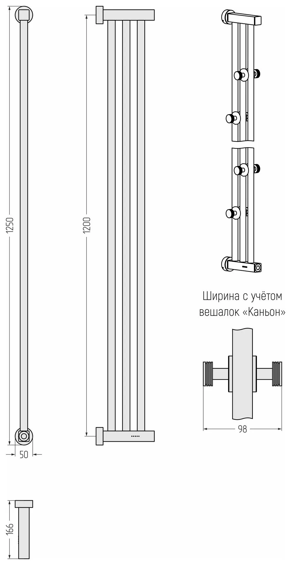 Габаритная схема Полотенцесушитель электрический Сунержа Хорда 4.0 120х16.6 белый