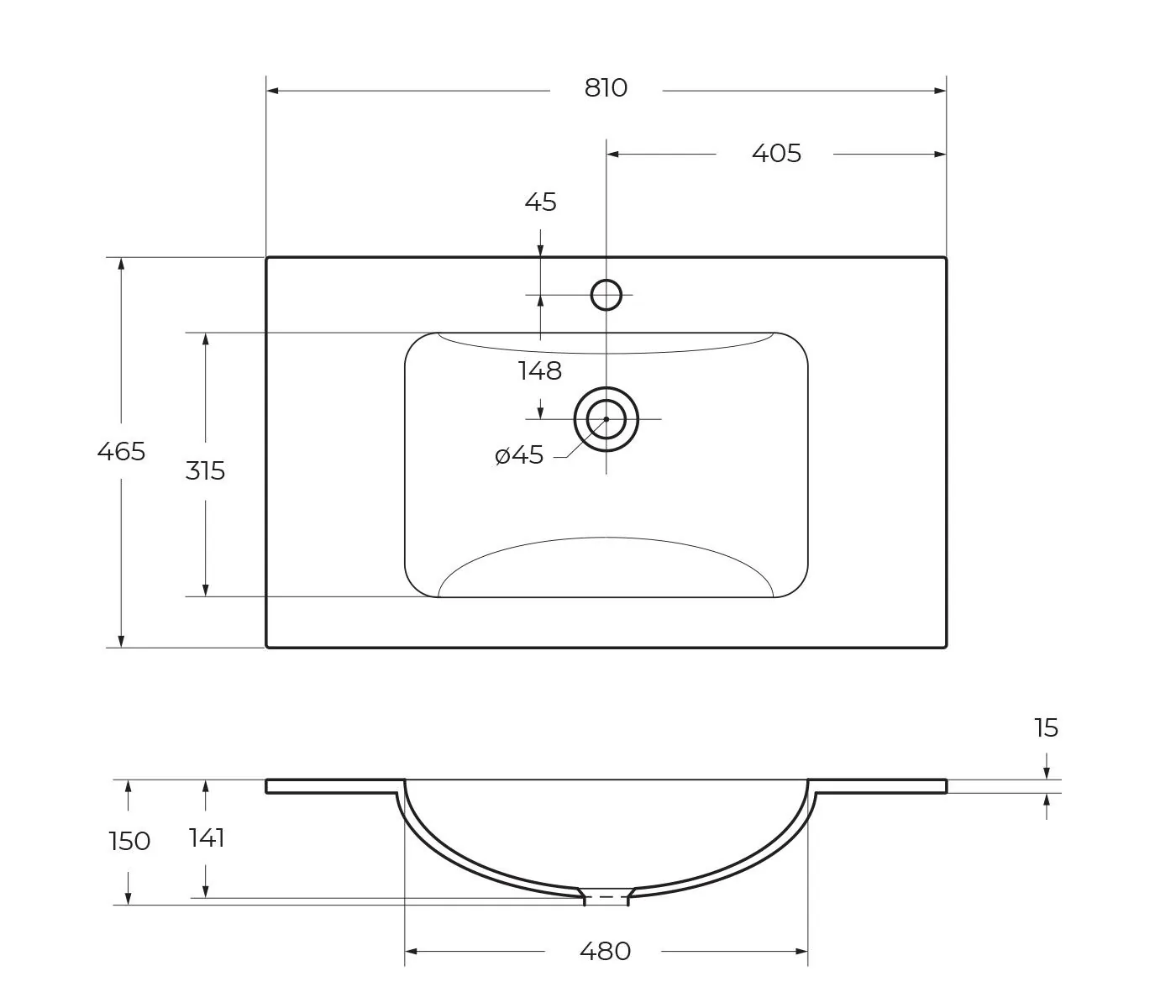 Габаритная схема Мебельная раковина BelBagno BB810/465-LV-VTR-BO 80 см