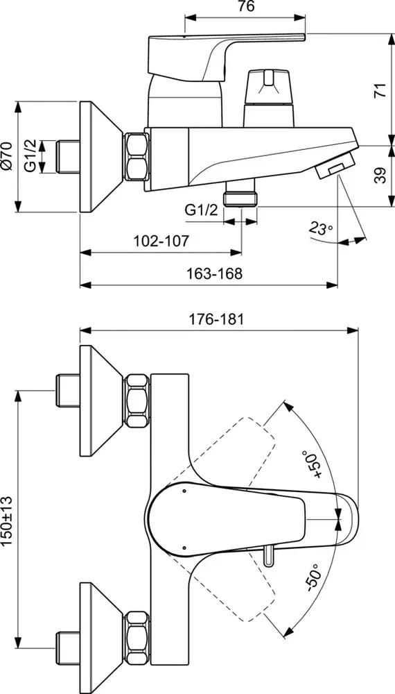 Габаритная схема Смеситель Ideal Standard Cerafine D BC494AA для ванны с душем