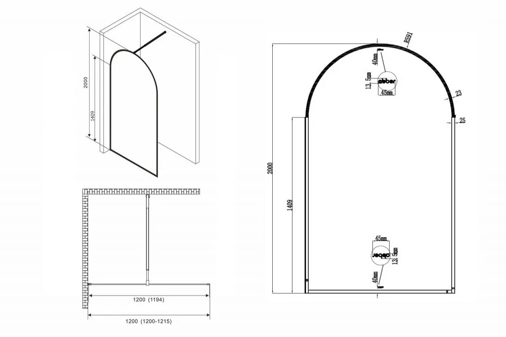 Габаритная схема Душевая перегородка Abber Immer Offen AG64120B
