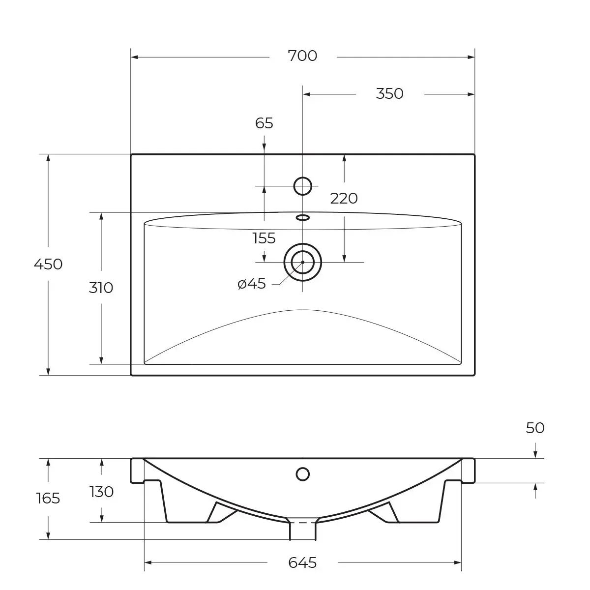 Габаритная схема Мебельная раковина BelBagno BB-0321-70-LVB 70 см