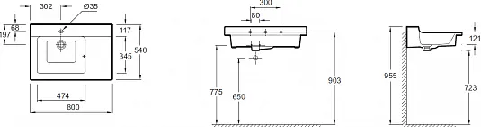 Габаритная схема Раковина Jacob Delafon Kohler XL112K-00 80 см