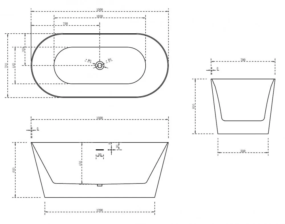 Габаритная схема Акриловая ванна Abber AB9222-1.5 150х70