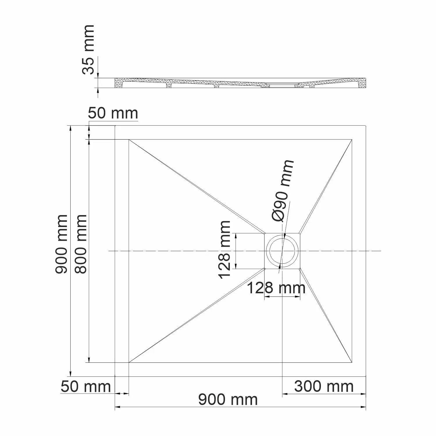 Габаритная схема Поддон для душа Wasserkraft Dill 61T03 90x90