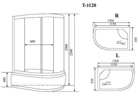 Габаритная схема Душевая кабина Timo Comfort T-8820R C