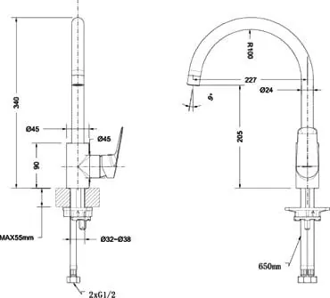 Габаритная схема Смеситель Bravat Rhein F7429564CP-ENG для кухонной мойки