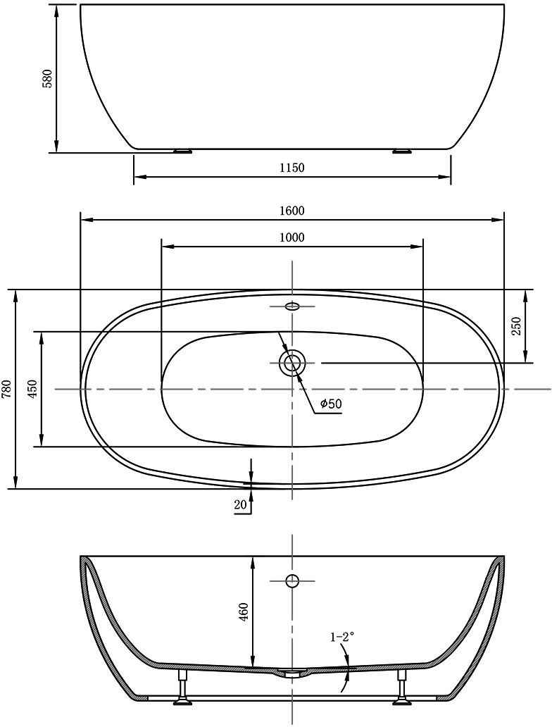Габаритная схема Акриловая ванна Vincea VBT-405-1600 160x780