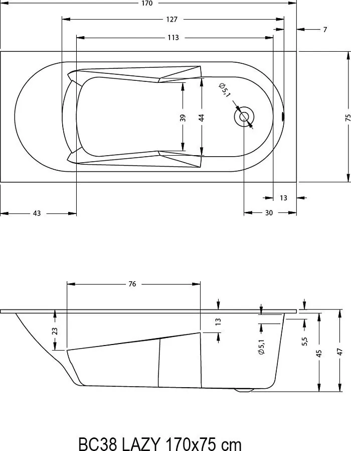 Габаритная схема Акриловая ванна Riho Bathtubs Lazy 170х75