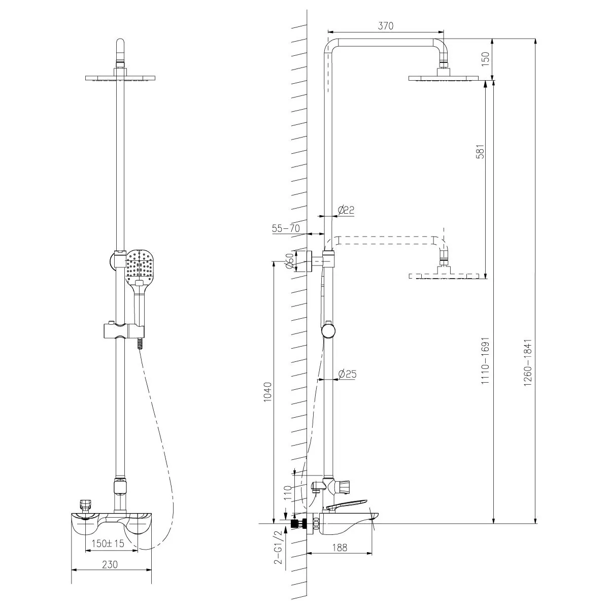 Габаритная схема Душевая стойка Lemark Bellario LM6862C