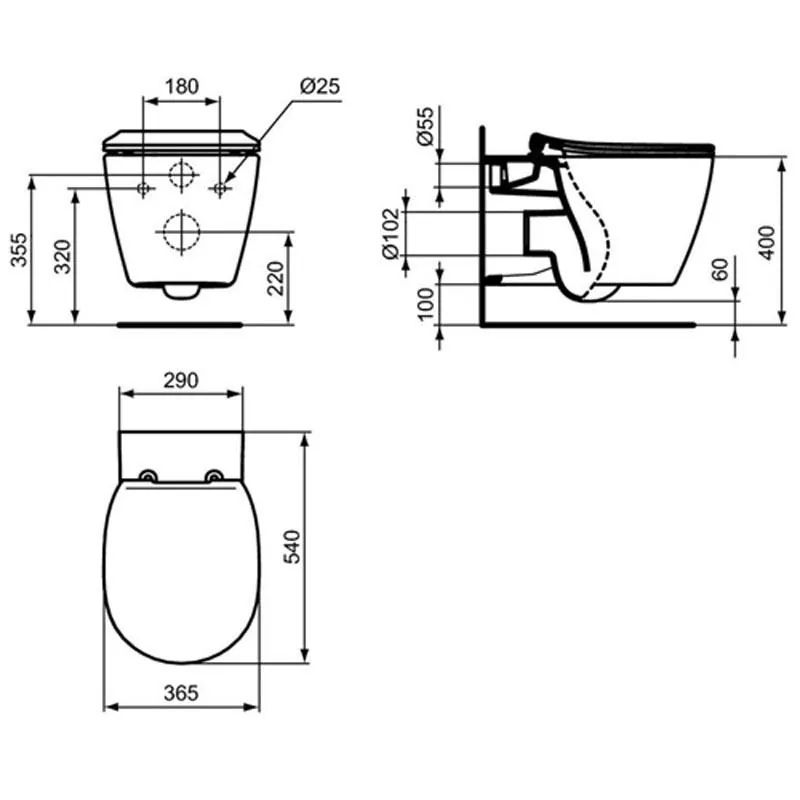 Габаритная схема Комплект Ideal Standard Connect P211601 (подвесной унитаз + инсталляция + кнопка + сиденье)
