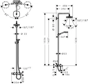 Габаритная схема Душевая стойка Hansgrohe Croma Select E 27352400