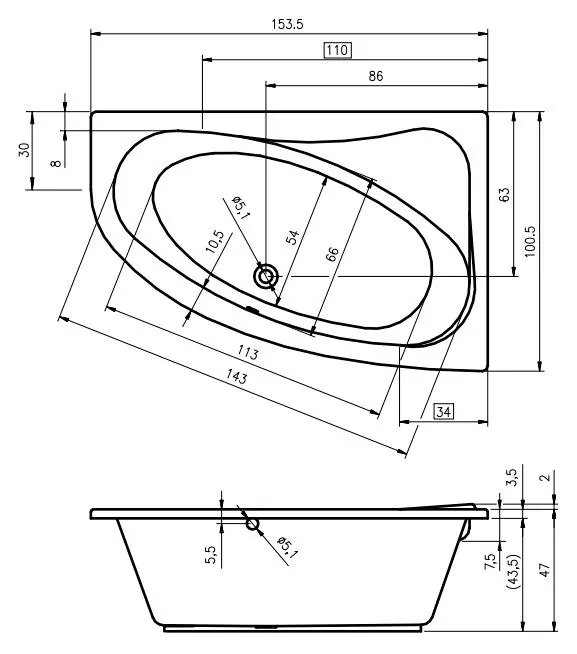 Габаритная схема Акриловая ванна Riho Aryl 153x100 L
